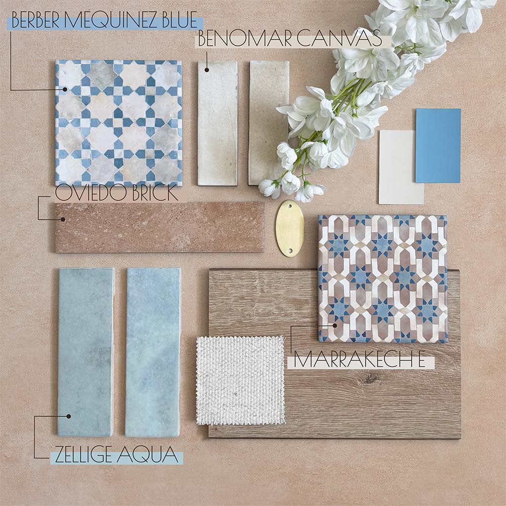 Moodboard featuring Berber Mequinez Blue patterned tiles, Zellige Aqua Moroccan-style tiles, Benomar Canvas, Oviedo Brick, and Marrakech designs, paired with wood, fabric textures, and soft blue and neutral tones in a design-led palette.