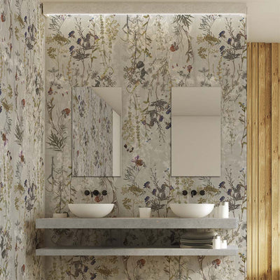 Bathroom vanity area featuring Meadow Flowers Decor 60 × 120cm porcelain wall tiles, styled with twin basins, minimalist mirrors, and soft botanical detailing for a delicate, nature-inspired, contemporary space.