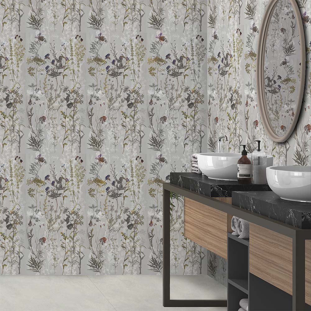 Bathroom interior featuring Meadow Flowers Decor 60 × 120cm porcelain wall tiles, styled with a vanity unit, twin basins, marble worktop, and soft botanical pattern for a delicate, nature-inspired finish.