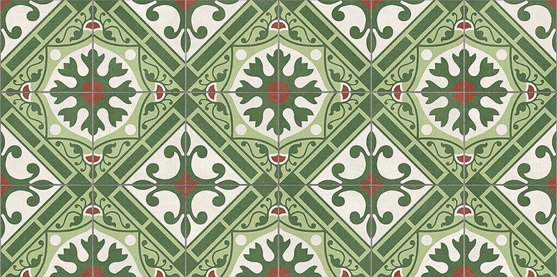 Close-up of Mediterraneo Corfu 2cm patterned outdoor slabs 50 × 100cm, featuring a bold Mediterranean-inspired geometric pattern in green, cream, and terracotta tones with a decorative vintage-style finish.