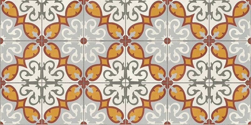 Close-up of Mediterraneo Gela 2cm patterned outdoor slabs 50 × 100cm, featuring a decorative Mediterranean-inspired pattern in terracotta, grey, white, and soft yellow tones with a vintage-style geometric finish.