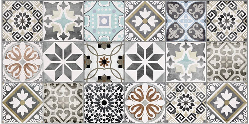 Close-up of Mediterraneo Patchwork 2cm patterned outdoor slabs 50 × 100cm, featuring a decorative patchwork-inspired mix of geometric and floral patterns in soft blue, grey, beige, cream, and terracotta tones.