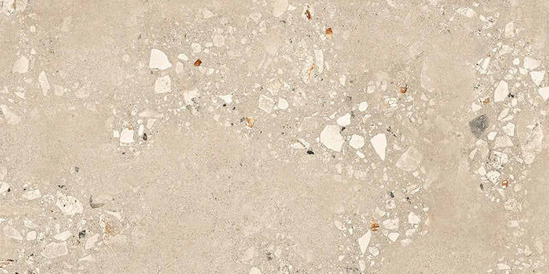 Close-up of Melange Sand 20mm thick outdoor Cosmo Stone tile slabs 60 × 120cm, featuring warm sand-toned terrazzo-inspired detailing with aggregate texture, subtle tonal variation, and a contemporary matt outdoor finish.