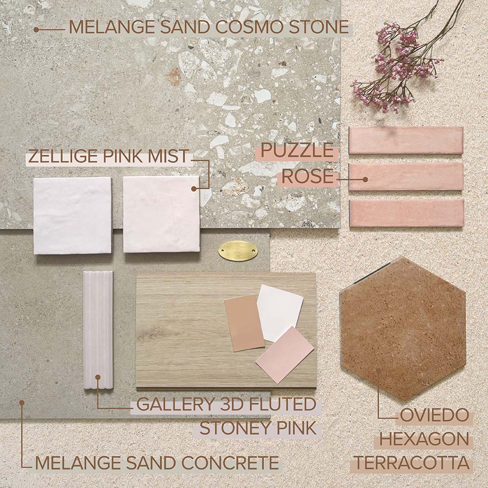 Moodboard featuring Melange Sand concrete-effect wall and floor tiles 60 × 60cm, styled with soft pink zellige tiles, terrazzo-inspired surfaces, fluted textures, warm wood tones, and terracotta hexagon accents.