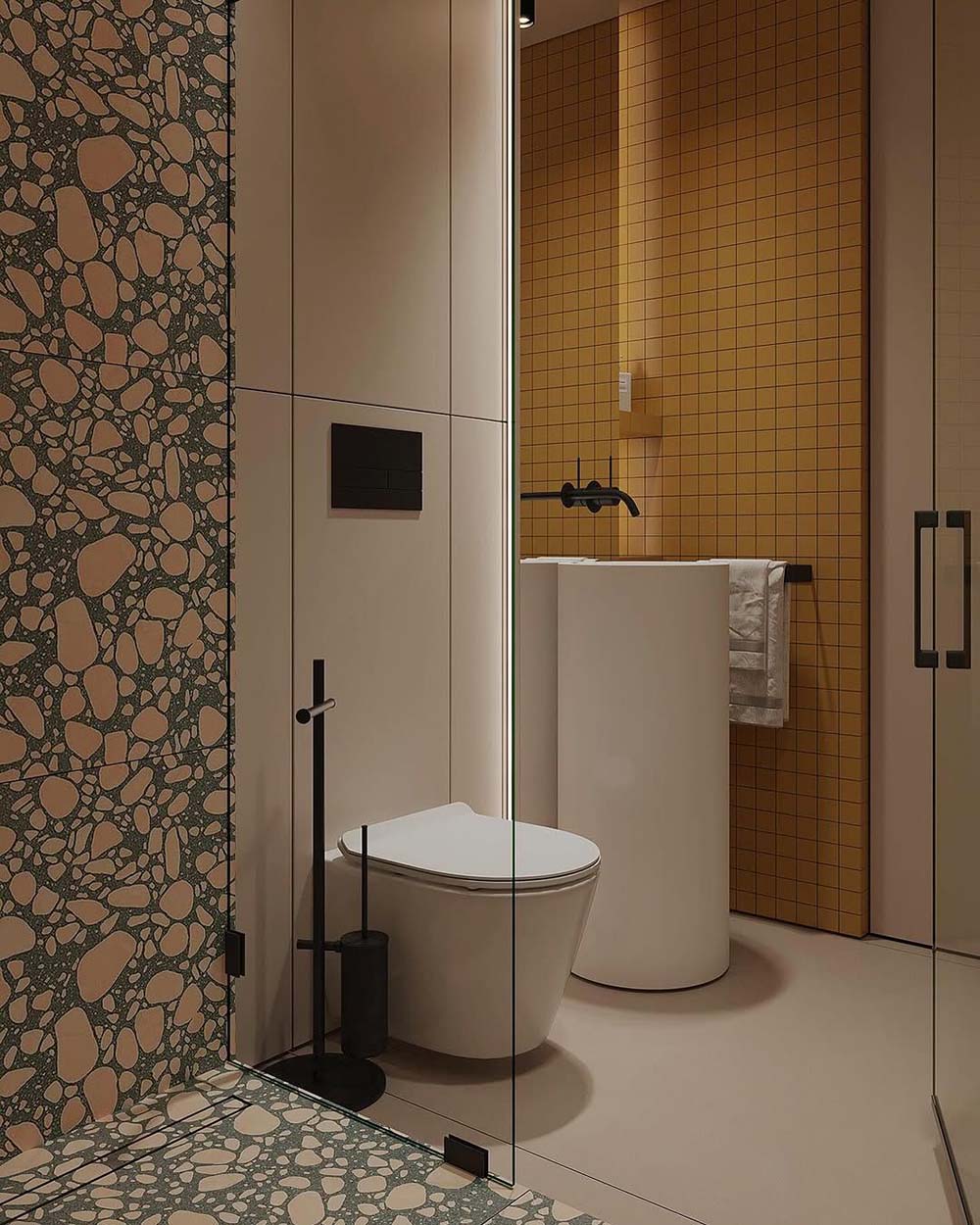 Bathroom featuring Melody POP Terrazzo Green 60cm x 120cm terrazzo effect wall and floor tiles, paired with mustard square wall tiles, minimalist sanitaryware, black fittings and a contemporary walk-in shower.