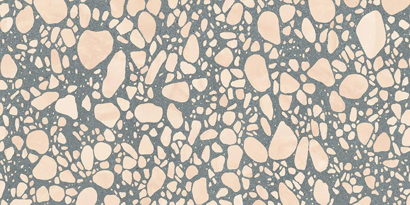 Close-up of Melody POP Terrazzo Green 60 × 120cm terrazzo-effect porcelain tiles, featuring soft blush pink stone fragments scattered across a muted green base for a playful retro-inspired statement finish.