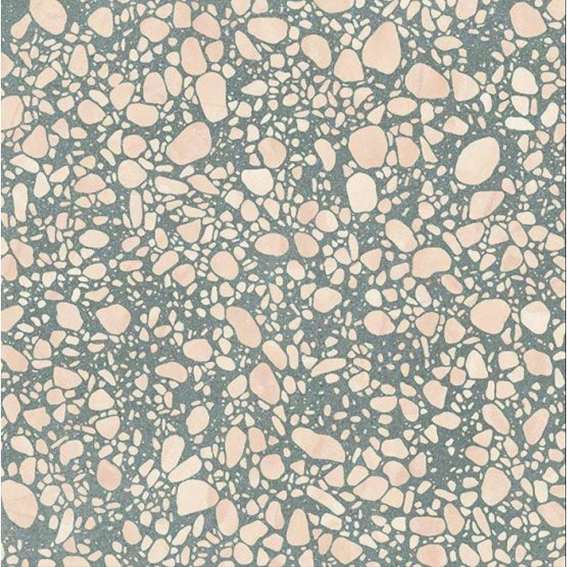 Close-up of Melody POP Terrazzo Green 60 × 60cm terrazzo-effect porcelain tiles, featuring soft blush pink stone fragments set against a muted green base for a playful yet contemporary retro-inspired finish.