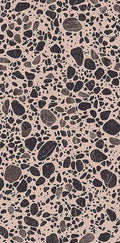 Close-up of Melody Pop Pink 60cm x 120cm terrazzo effect porcelain tile, featuring a soft pink background with black and grey stone-inspired aggregates for contemporary wall and floor designs.