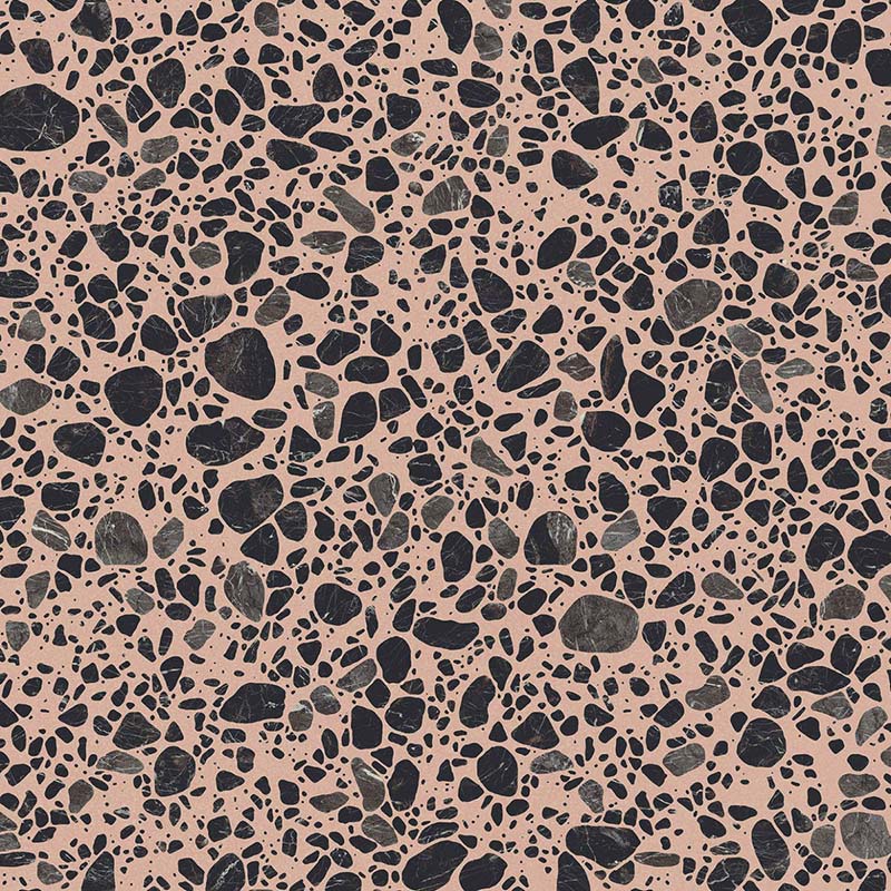 Melody POP Terrazzo Pink 60 × 60cm porcelain tile, featuring a bold terrazzo-effect design with oversized black and charcoal stone fragments set against a soft pink background, creating a playful contemporary statement surface.