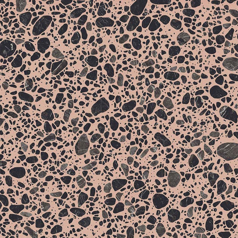 Melody POP Terrazzo Pink 60 × 60cm porcelain tile, featuring a bold terrazzo-effect design with oversized black and charcoal stone fragments set against a soft pink background, creating a playful contemporary statement surface.