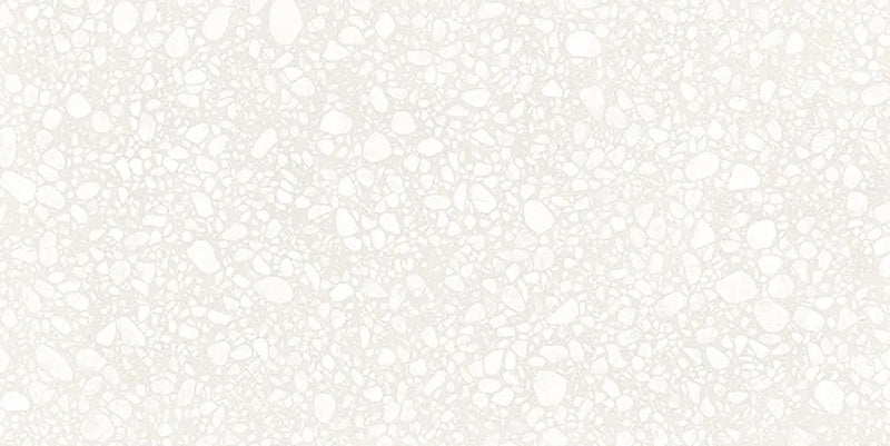 Close-up of Melody Pop White 60cm x 120cm terrazzo effect porcelain tile, featuring a soft white background with subtle white stone-inspired aggregates for bright, contemporary wall and floor designs.