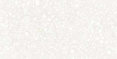 Close-up of Melody Pop White 60cm x 120cm terrazzo effect porcelain tile, featuring a soft white background with subtle white stone-inspired aggregates for bright, contemporary wall and floor designs.
