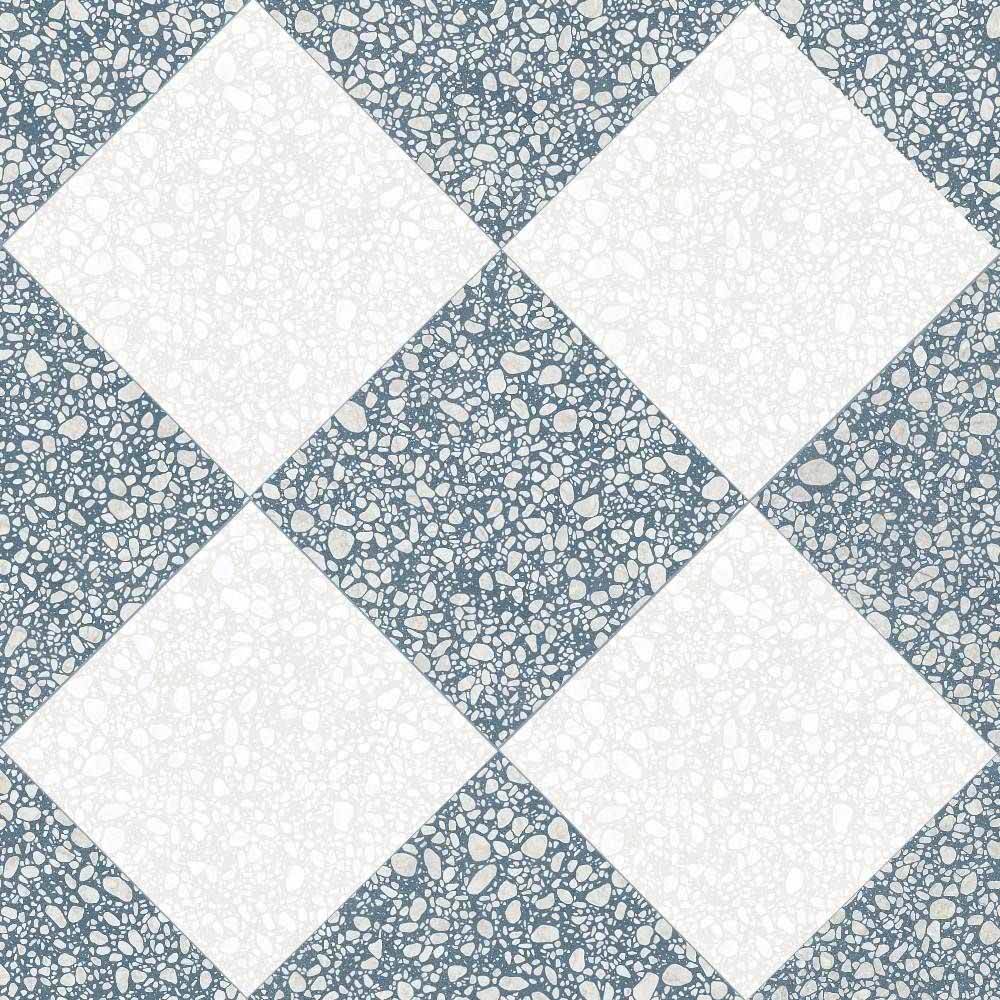 Flat lay of Melody POP Terrazzo White 60 × 60cm terrazzo-effect porcelain tiles, arranged in a blue and white chequerboard layout to showcase the playful terrazzo-inspired pattern and contemporary retro character.
