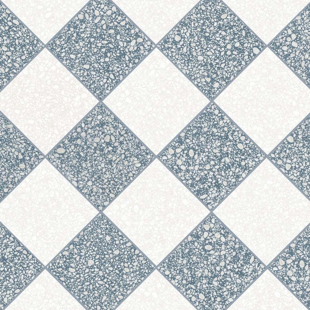 Flat lay of Melody POP Terrazzo White 60 × 60cm terrazzo-effect porcelain tiles, arranged in a blue and white chequerboard layout to showcase the playful terrazzo-inspired pattern and contemporary retro character.