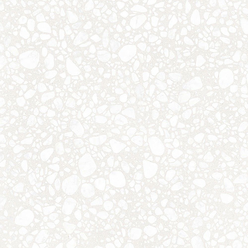Close-up of Melody POP Terrazzo White 60 × 60cm terrazzo-effect porcelain tiles, featuring subtle white and light grey stone fragments for a soft contemporary terrazzo-inspired finish.