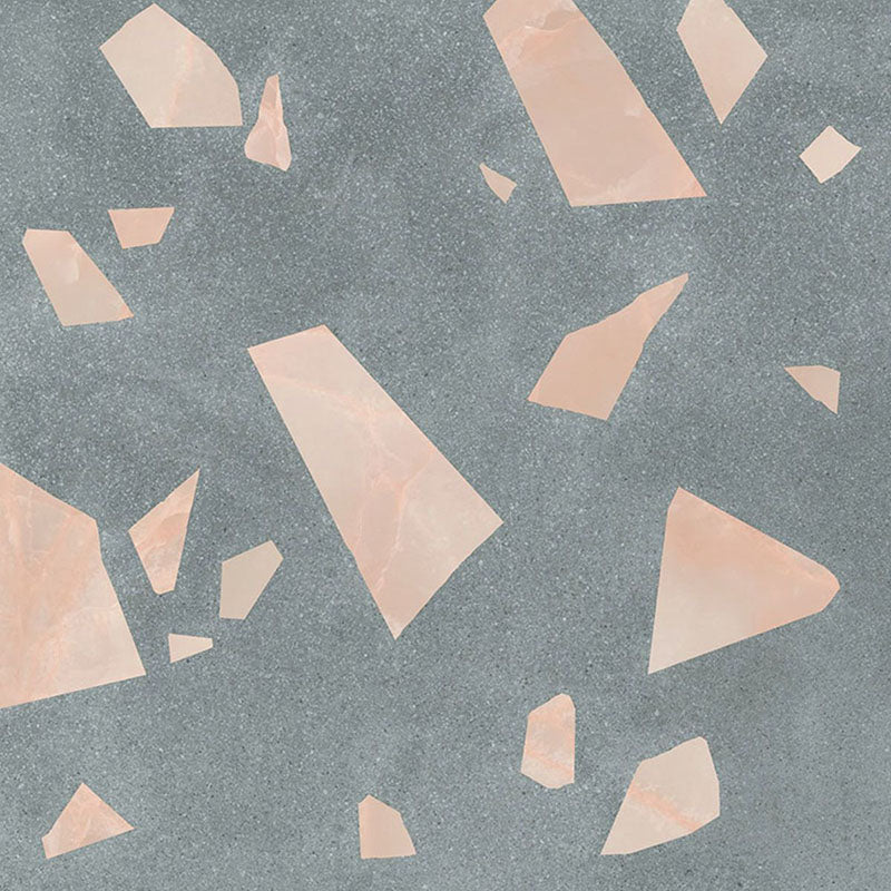 Close-up of Melody ROCK Terrazzo Green 60 × 60cm terrazzo-effect porcelain tiles, featuring oversized blush pink marble-style fragments set against a deep green-grey base for a bold contemporary statement finish.