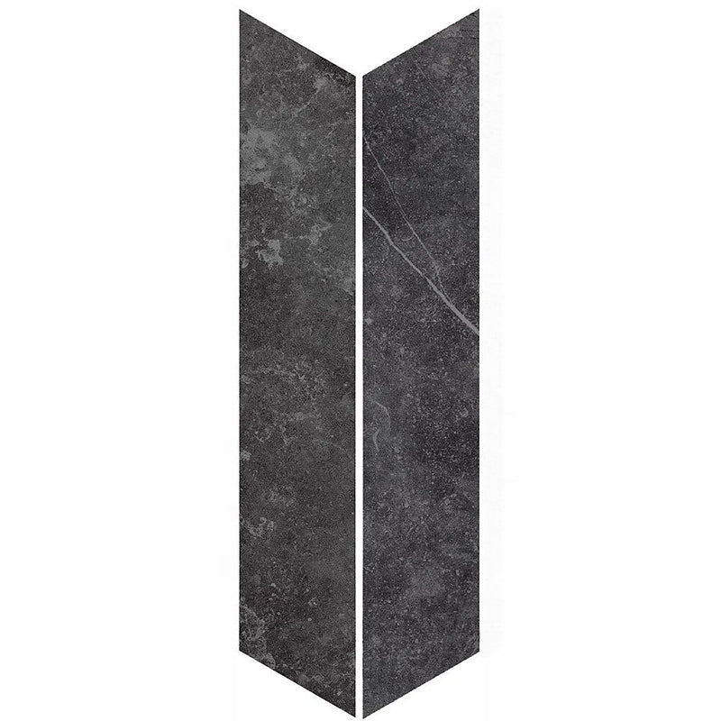 Product display of Monzo Stone Chevron Nite 10x53cm chevron porcelain tiles in deep charcoal tones, featuring subtle stone-effect texture, soft tonal variation and delicate veining inspired by natural stone surfaces.