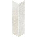 Product display of Monzo Stone Chevron Silk 10x53cm stone-effect porcelain chevron tiles in soft ivory tones, featuring subtle texture and tonal variation with a natural stone-inspired finish.