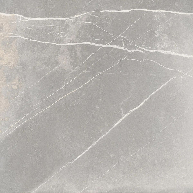 Product display of Monzo Stone Titanium 60x60cm stone-effect porcelain tiles in soft grey tones, featuring delicate white veining, subtle texture, and natural tonal variation with a stone-inspired finish.