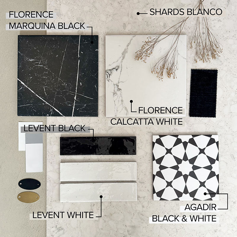 Interior design moodboard featuring Florence Calacatta White 25x25cm marble-effect porcelain tiles, paired with Florence Marquina Black, Agadir Black and White patterned tiles, coordinating monochrome accessories and neutral textures for a cohesive black and white interior scheme.