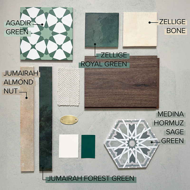 Moodboard featuring Agadir Green Moroccan-style 20x20cm porcelain tile alongside coordinating green, neutral and wood-effect tiles, showcasing complementary textures, finishes and materials for a cohesive interior design scheme.