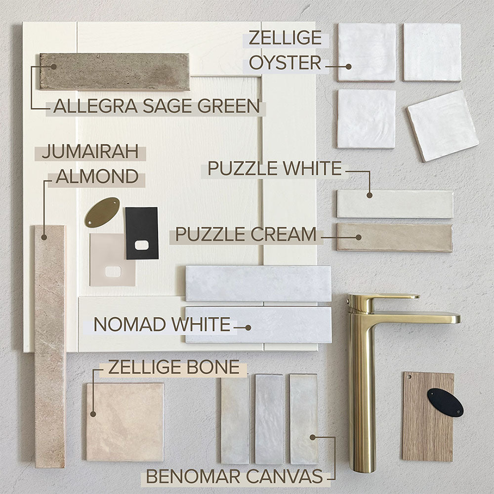Puzzle White Brick Rectified 5cm x 20cm white wall and floor tiles featured in a neutral bathroom moodboard with Zellige Oyster, Puzzle Cream, Nomad White and natural stone samples, styled alongside brushed brass tapware and warm beige textures.