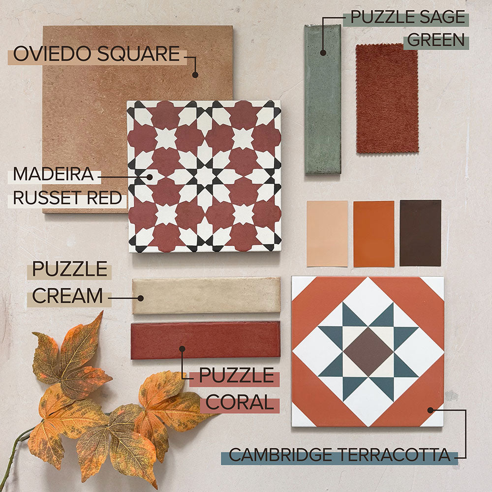 Puzzle Cream Brick Rectified 5x20cm wall and floor tiles in a soft neutral cream tone, styled within a warm terracotta and sage green moodboard alongside patterned tiles, showcasing versatile combinations for kitchen splashbacks and bathroom walls.