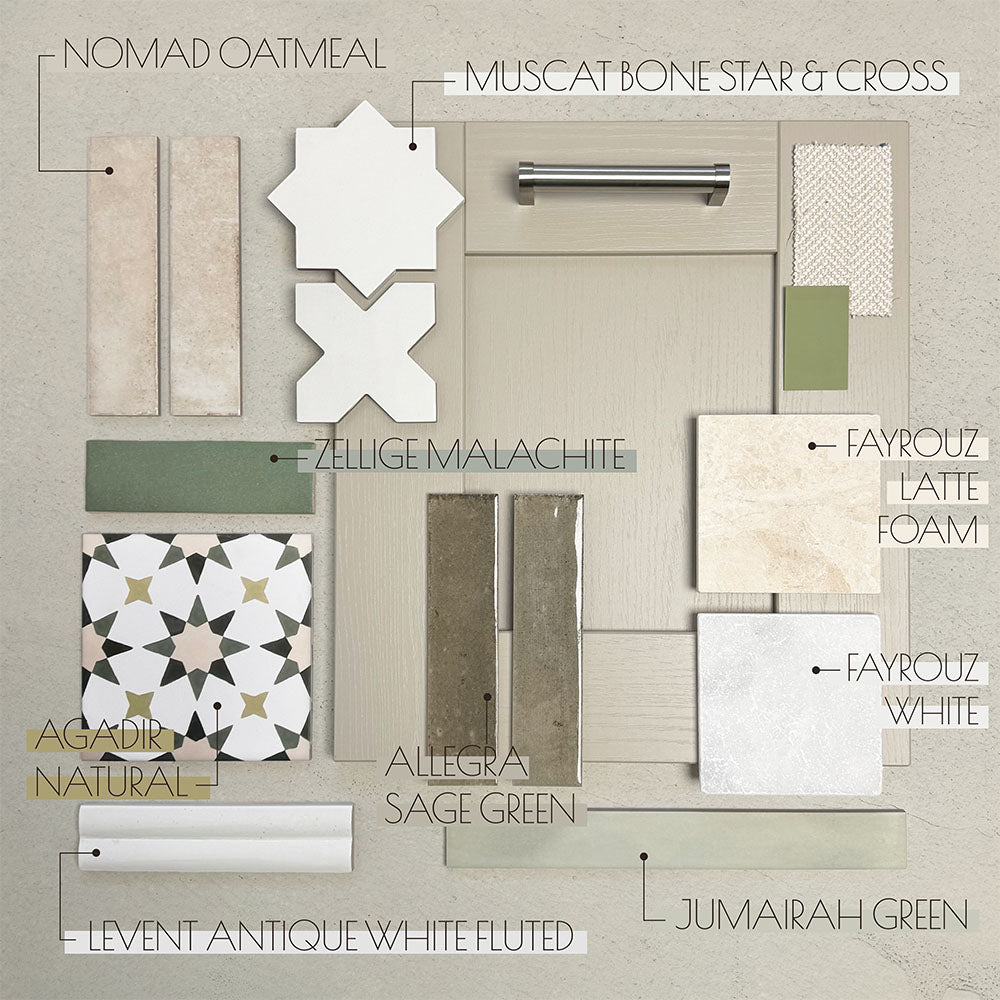 Moodboard featuring Moroccan style patterned tiles, zellige-effect wall tiles in sage and malachite green, marble-effect porcelain, fluted feature tiles and neutral canvas-effect wall and floor tiles, styled together for coordinated kitchen and bathroom interiors.
