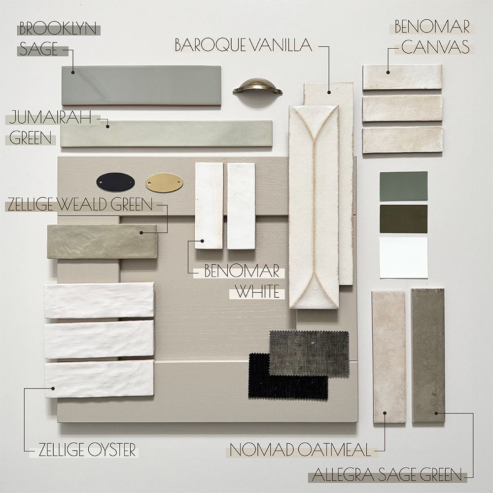 Moodboard featuring sage green gloss brick tiles, zellige-effect wall tiles, baroque-style feature tiles and neutral canvas-effect porcelain wall and floor tiles, styled together to showcase coordinated kitchen and bathroom tile combinations in soft green and warm neutral tones.