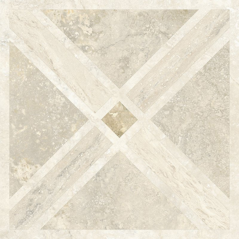 Product image of Nucetto Travertine Decor 60x60cm wall and floor tiles, featuring a geometric travertine effect pattern in warm beige and cream tones, showcasing the collection's elegant natural stone-inspired design.