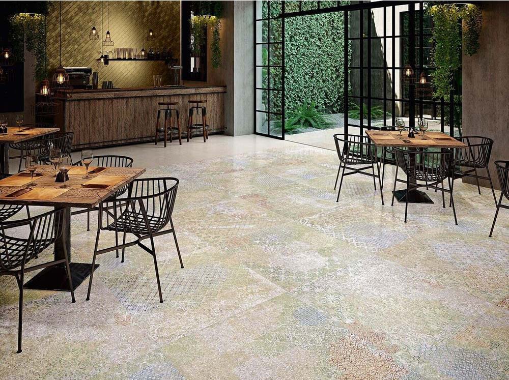 Hospitality setting featuring Boho Ocean Blend 2cm 50 × 100cm patterned slabs, blending soft neutral and blue tones with a gently weathered effect. Ideal for patios and indoor-outdoor spaces, adding texture and relaxed character.