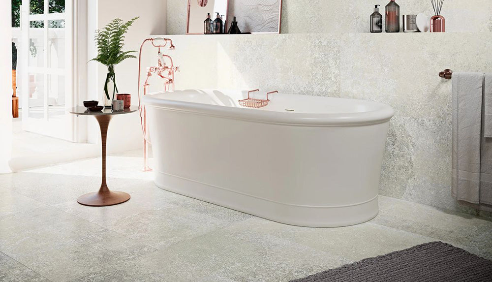 Bathroom setting featuring Boho Ocean Sahara 60 × 60cm patterned tiles, blending soft neutral tones with a gently weathered, decorative effect. Ideal for creating a calm, textured look across bathroom floors and walls.