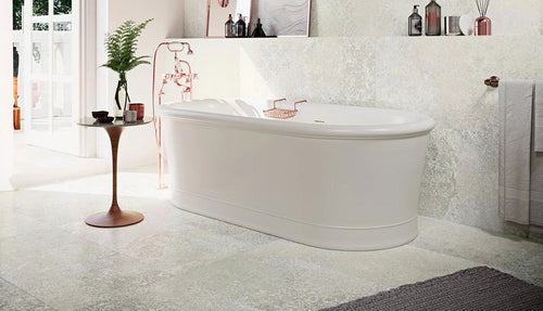 Bathroom setting featuring Boho Ocean Sahara 60 × 60cm patterned tiles, blending soft neutral tones with a gently weathered, decorative effect. Ideal for creating a calm, textured look across bathroom floors and walls.