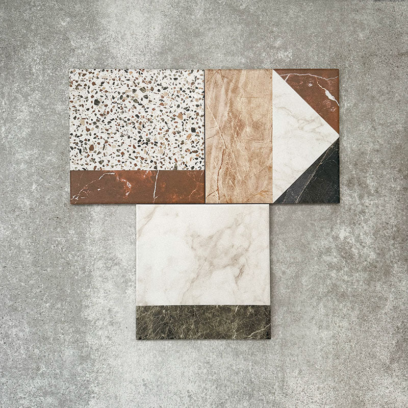 Turin Terrazzo Blanco Decor Patchwork porcelain tiles in a 20 × 20cm format, arranged in a geometric patchwork pattern combining terrazzo textures with marble-effect sections in soft neutral and earthy tones for a bold, contemporary statement.