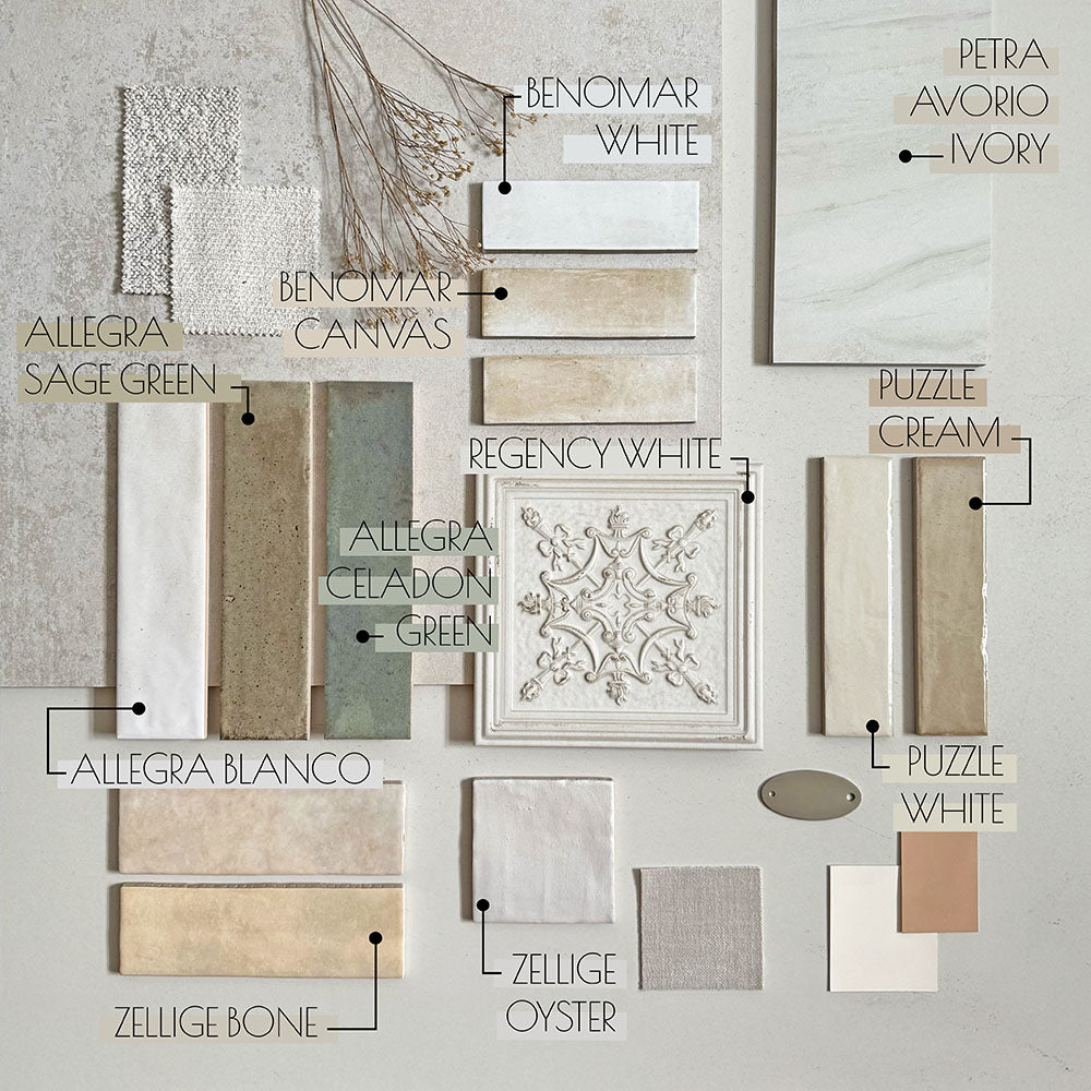 Moodboard featuring Petra Avorio Ivory stone marble effect porcelain tiles in a 30cm x 60cm format, paired with Zellige Oyster and Zellige Bone tiles, Puzzle White and Puzzle Cream brick tiles, Allegra Blanco, Sage Green and Celadon Green tiles, Benomar White and Canvas, and Regency White décor, creating a soft neutral palette with warm ivory tones, subtle green accents and timeless natural textures.