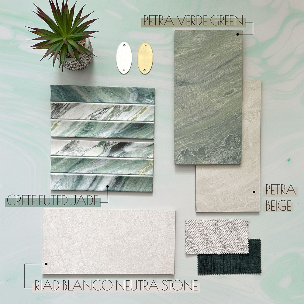 Moodboard featuring PetraBeige stone marble effect porcelain tiles, paired with Petra Verde Green stone effect tiles, Crete Fluted Jade marble effect feature tiles and Riad Blanco Neutra Stone porcelain tiles. The scheme combines soft green, warm beige and crisp white tones with brushed brass accents, natural textures and dark wood finishes to create a calming, contemporary bathroom inspired by natural stone.