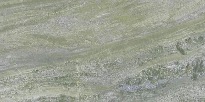 Close-up of Petra Verde Green stone marble effect porcelain wall tiles in a 30cm x 60cm format, showcasing flowing sage green, soft grey and natural stone-inspired veining with subtle tonal variation, creating a luxurious and contemporary surface for bathroom walls, kitchen splashbacks and feature walls.