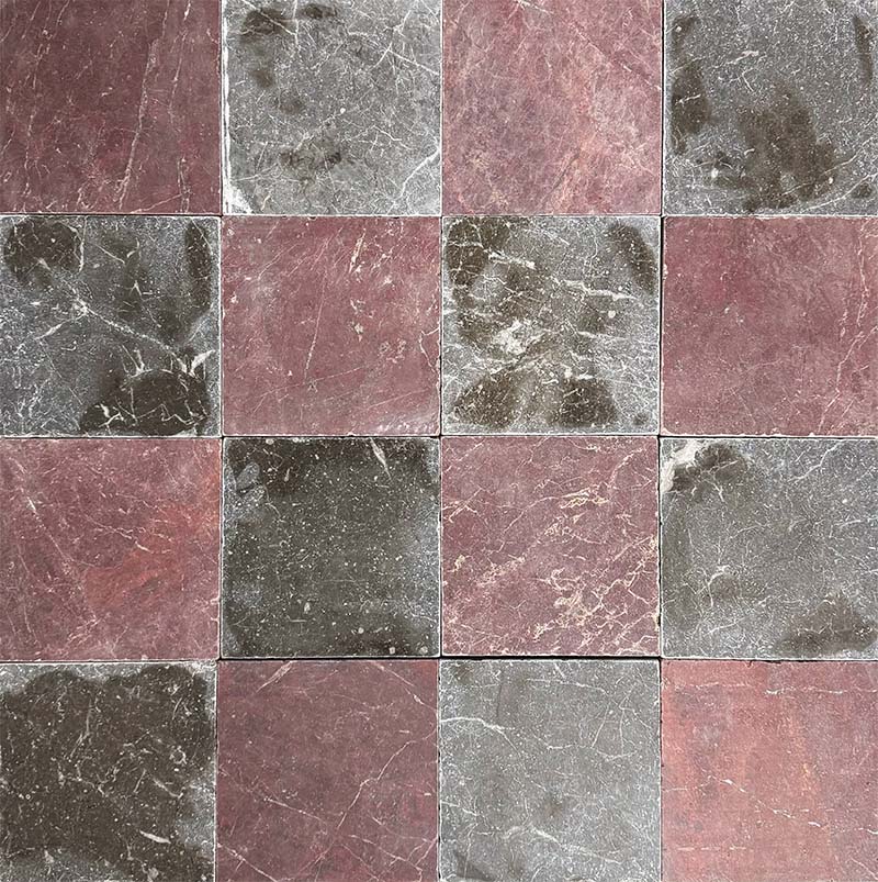 Chequerboard layout featuring Fayrouz Burgundy Red 15.2x15.2cm natural marble tiles with a tumbled finish, paired with dark grey marble tiles, creating a bold, tonal grid with rich variation and textured surface detail.