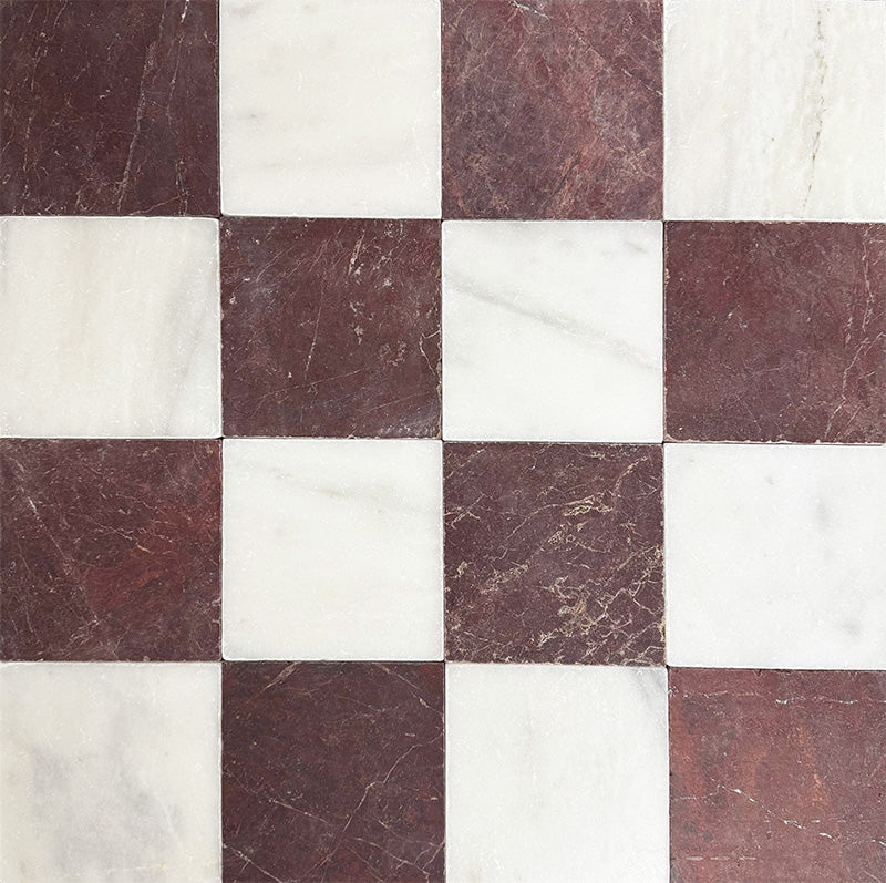 Chequerboard layout featuring Fayrouz Burgundy Red 15.2x15.2cm natural marble tiles with a tumbled finish, paired with white marble tiles, creating a classic high-contrast grid with natural veining and tonal variation.