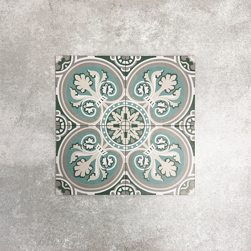 Four London Streets Regent Street 20x20cm Victorian Moroccan style porcelain tiles arranged together to showcase the repeating green, sage and cream floral geometric pattern inspired by traditional Victorian style decorative floor tiles.