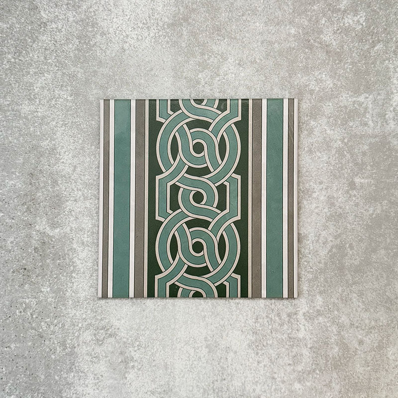 London Streets Regent Street Side/Border 20x20cm Victorian Moroccan style porcelain tile featuring an interlocking geometric border design in sage green, deep green and soft grey tones, created to frame Regent Street patterned tiles in traditional Victorian-style floor layouts.