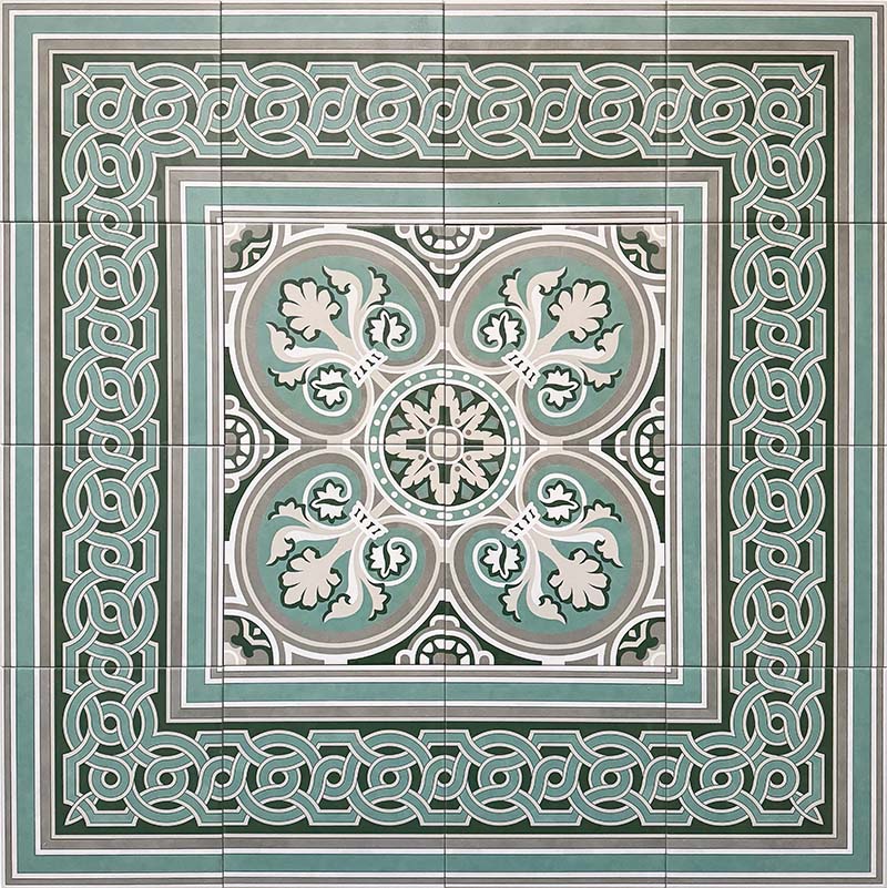 Decorative layout featuring London Streets Regent Street 20x20cm Victorian Moroccan style porcelain tiles arranged with matching border tiles, showcasing an intricate green, sage and cream patterned floor inspired by traditional Victorian entrance hall designs.