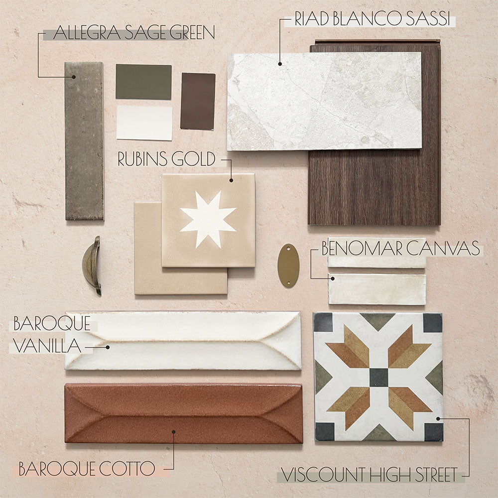 Moodboard featuring Riad Blanco Sassi Terrazzo Stone 60x60cm stone-effect wall and floor tile, styled with sage green, terracotta and patterned tiles, warm wood finishes, brass accents and complementary interior materials.