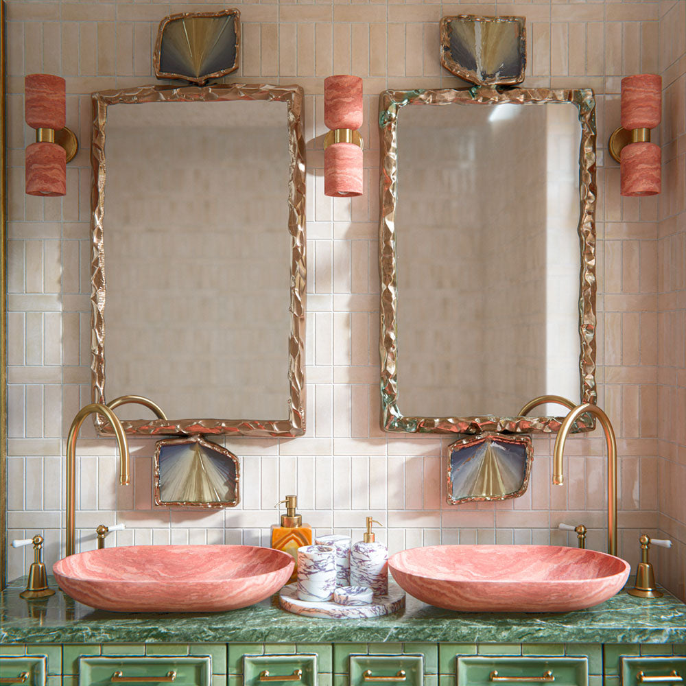 Bathroom featuring Benomar Canvas Moroccan Mini Brick 5x15cm gloss wall tiles, installed in a vertical layout, showcasing soft neutral tones, paired with statement brass fittings, textured vanity details, and a warm, design-led interior setting.