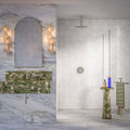 Bathroom interior featuring Foundry Bricks Chalk White 6.5x20cm wall tiles, laid in a structured patterned layout across shower walls, paired with marble effect floor tiles and a green marble vanity for a refined, design-led finish.