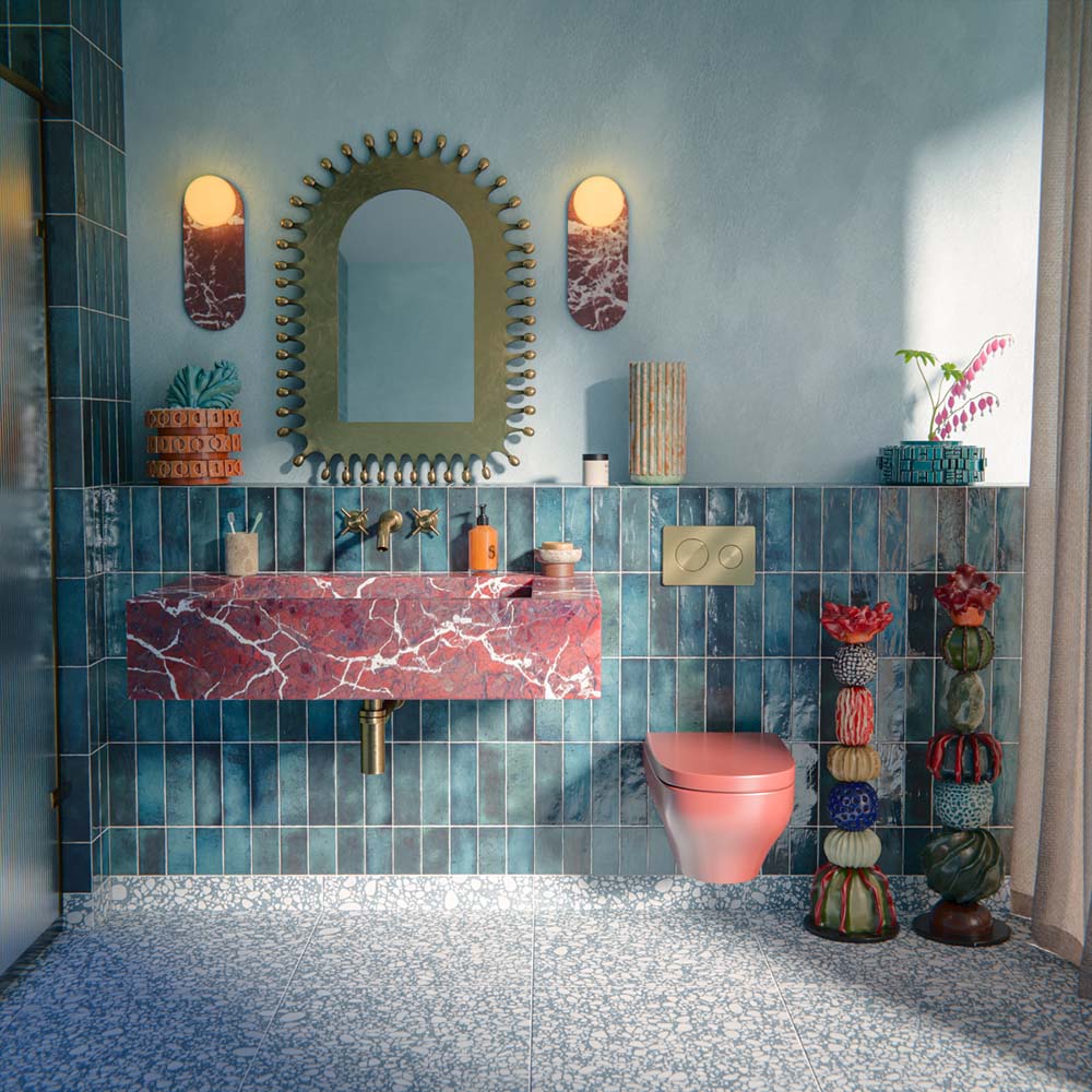 Bathroom setting featuring Foundry Bricks Marine Blue 6.5x20cm wall tiles, showcasing rich blue tones with subtle tonal variation, installed in a vertical layout across the walls, paired with terrazzo effect floor tiles, a statement red marble basin and brass fittings for a bold, design-led contrast.