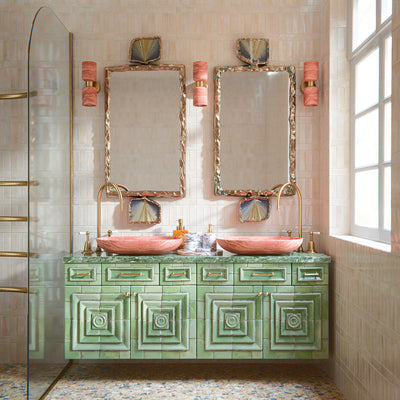 Bathroom featuring Benomar Canvas Moroccan Mini Brick 5x15cm gloss wall tiles, installed in a vertical layout, showcasing soft neutral tones, paired with statement brass fittings, textured vanity details, and a warm, design-led interior setting.