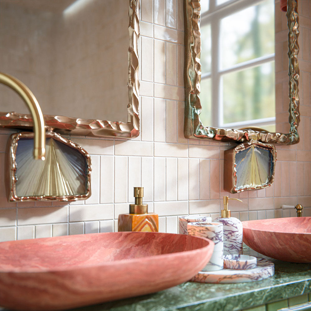 Bathroom featuring Benomar Canvas Moroccan Mini Brick 5x15cm gloss wall tiles, installed in a vertical layout, showcasing soft neutral tones, paired with statement brass fittings, textured vanity details, and a warm, design-led interior setting.