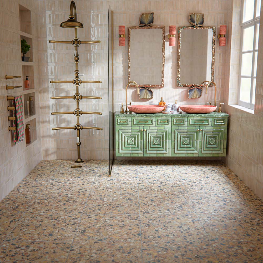 Bathroom featuring Benomar Canvas Moroccan Mini Brick 5x15cm gloss wall tiles, installed in a vertical layout, showcasing soft neutral tones, paired with statement brass fittings, textured vanity details, and a warm, design-led interior setting.