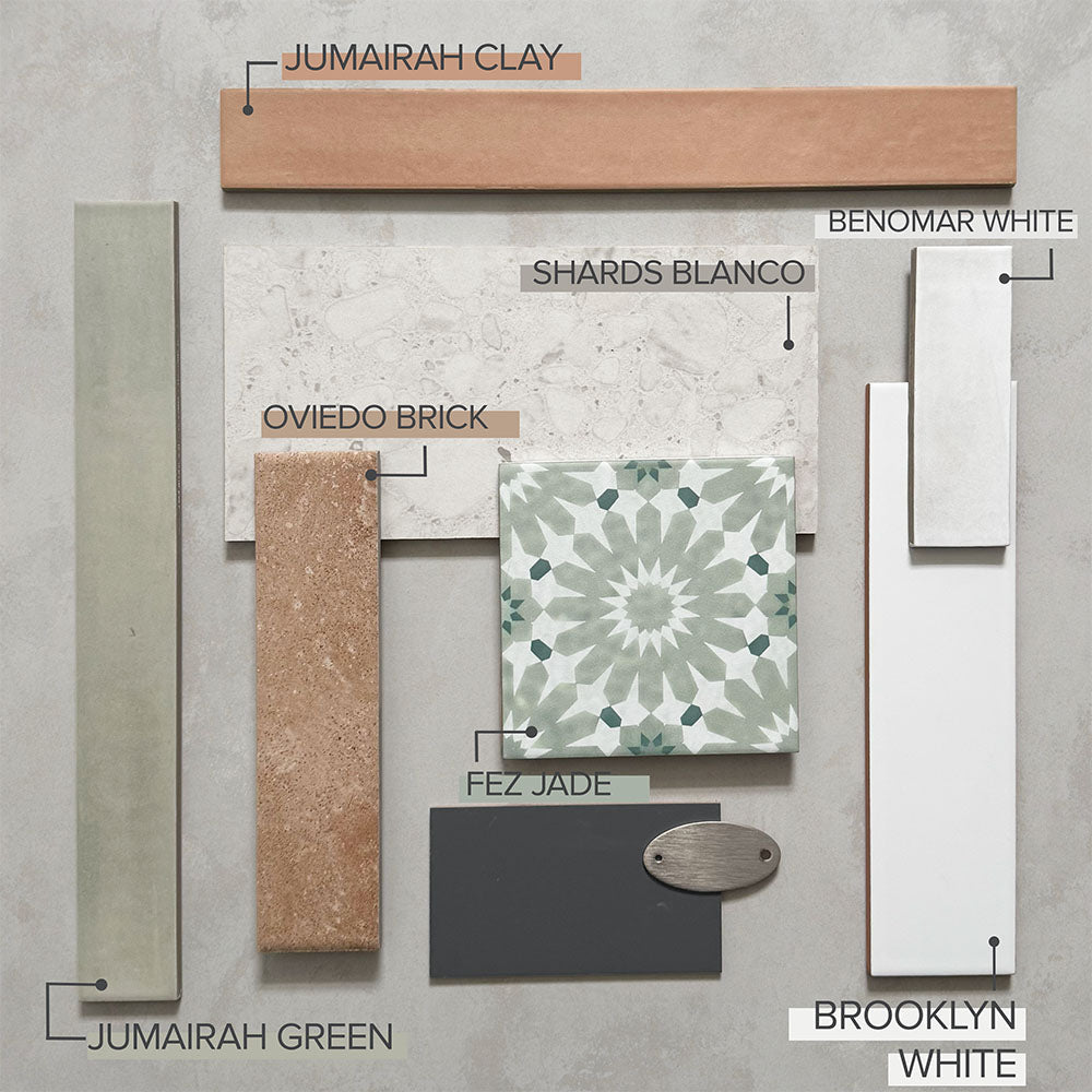 Moodboard featuring a curated mix of wall and floor tiles including Fez Jade Moroccan-style patterned tiles, Jumairah Green and Clay, Benomar White, Brooklyn White and Shards Blanco terrazzo effect tiles, showcasing soft greens, warm neutrals and varied textures.